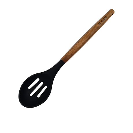 St. Clare Silicone Slotted Spoon with Acacia Handle in Black - Image 01